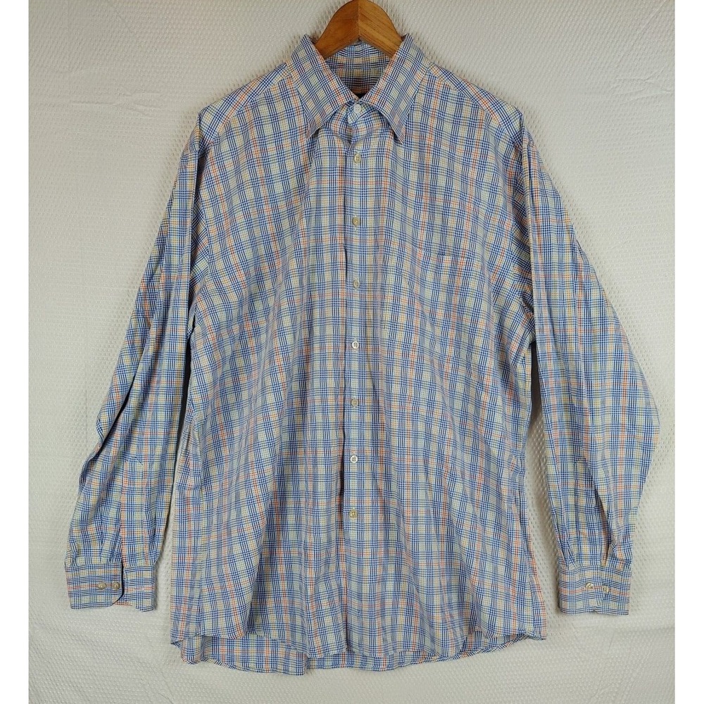 Scott Barber‎ Shirt XL Blue Yellow Plaid Micro Pattern Long Sleeve Button Down